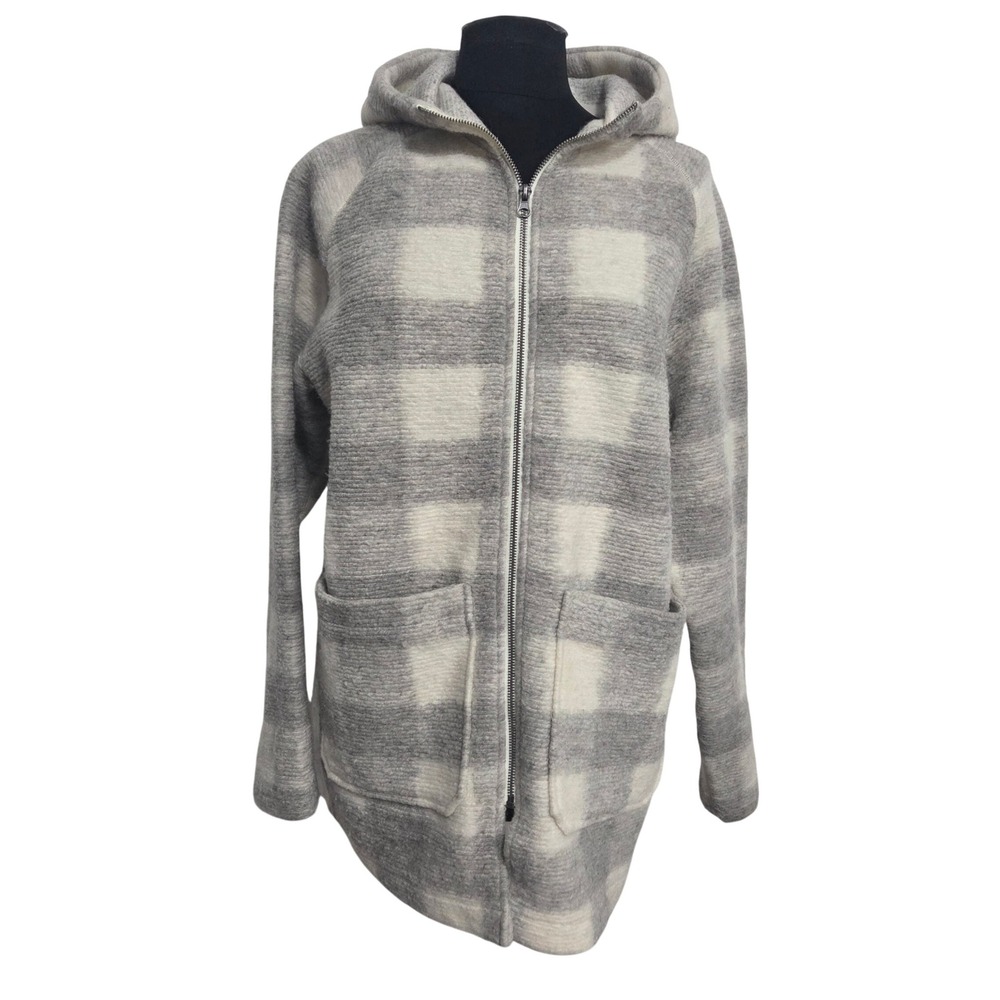 Woolrich NWT Women's Grey Cream Buffalo Plaid Wool Blend Zip Up Hooded Jacket L
